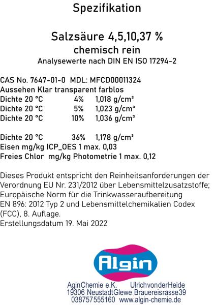 Salzsäure 4% chemisch rein 1 Liter HDPE-Flasche - Reinheit entspricht E 507