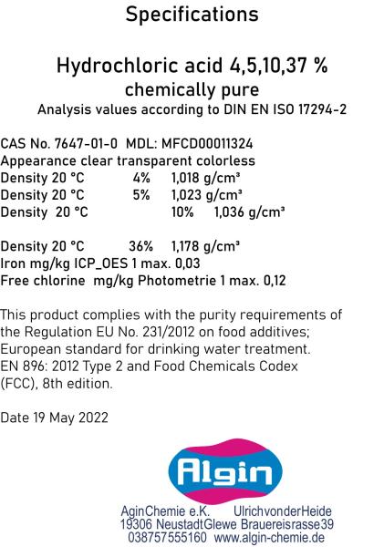 Salzsäure 5% chemisch rein 500ml Glasflasche - Reinheit entspricht E 507